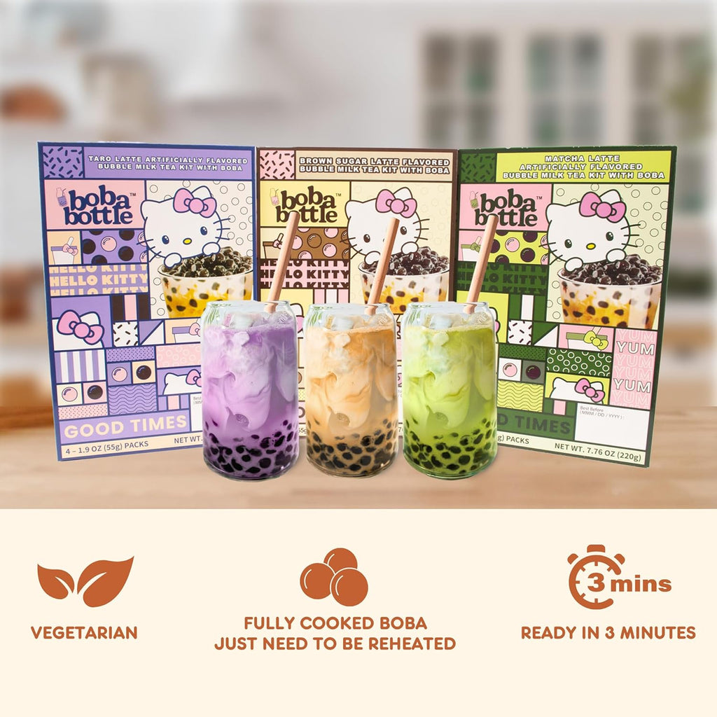 Hello Kitty Instant Boba Milk Tea Variety Kit, Brown Sugar, Taro, Match Flavor, with Taiwan Tapioca Pearls, Paper Straws Included (12 Servings)