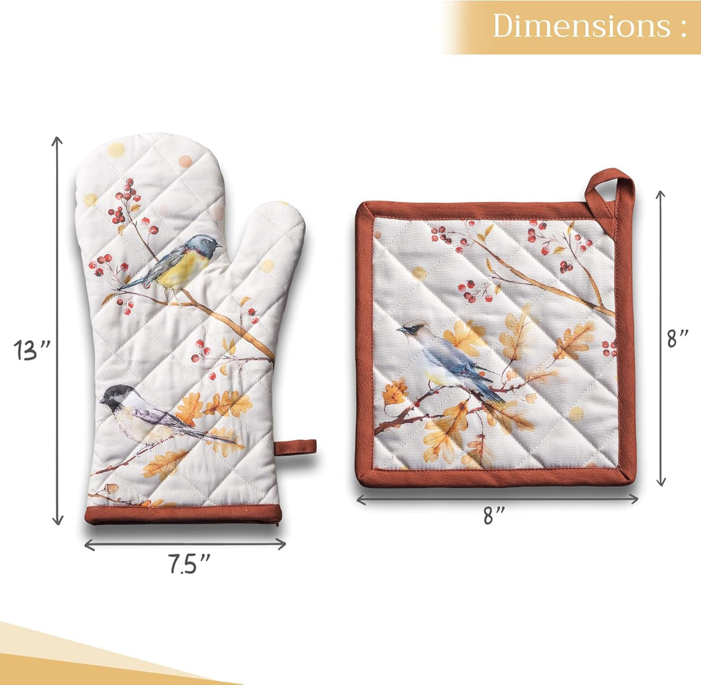 Maison d' Hermine 100% Cotton Oven Mitt & Pot Holder Set (7.5"x13" & 8"x8") Heat Resistant BBQ Cooking Gloves with Loop, Baking, Grilling, Kitchen, Handling Hot Pans (Oak Leaves)
