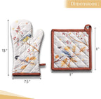 Maison d' Hermine 100% Cotton Oven Mitt & Pot Holder Set (7.5"x13" & 8"x8") Heat Resistant BBQ Cooking Gloves with Loop, Baking, Grilling, Kitchen, Handling Hot Pans (Oak Leaves)