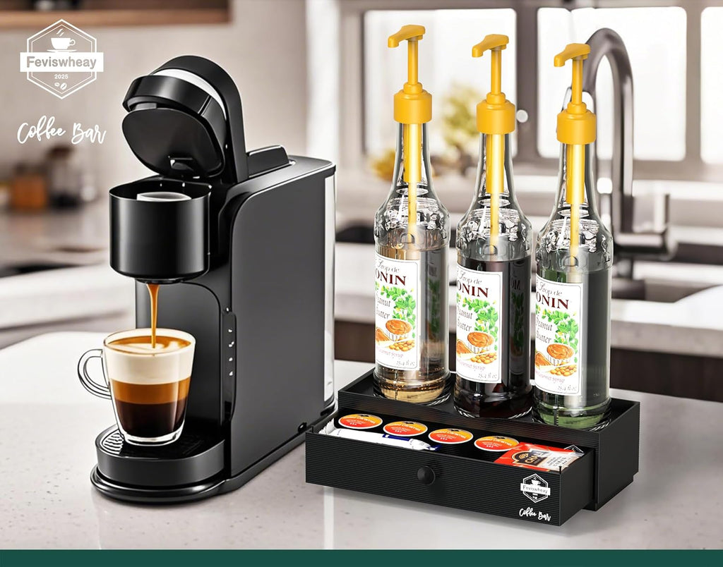 Coffee Syrup Rack Organizer,Syrup Bottle Holder Stand with K Cup Pod Drawer Storage.3 Bottles Storage Shelves for Syrup,Wine,Compact Design for Coffee Bar and Small Spaces