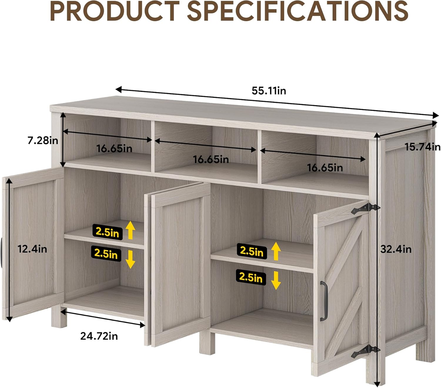 Buffet Cabinet with Storage Farmhouse with 4 Doors, 55'' Large Kitchen Storage Cabinet Wood Coffee Bar Buffet Sideboard for Kitchen, Dining Room, Entryway