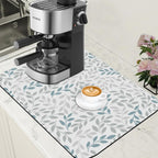 Grey and Blue Leaves Branches Dish Drying Mat for Kitchen Counter Bar Mat Hide Stain Absorbent Rubber Backed 15.7 x 23.6 Inch