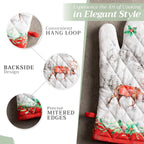 Maison d' Hermine 100% Cotton Oven Mitt & Pot Holder Set (7.5"x13" & 8"x8") Heat Resistant BBQ Cooking Gloves with Loop, Baking, Grilling, Kitchen, Handling Hot Pans (Christmas Tradition)