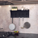 HBCY Creations 24" Wall Mounted Storage Rack - Pine Wood Construction - Black Wash - Upper Storage Shelf - 5 Hooks - Ideal for Entryway, Kitchen, Bathroom