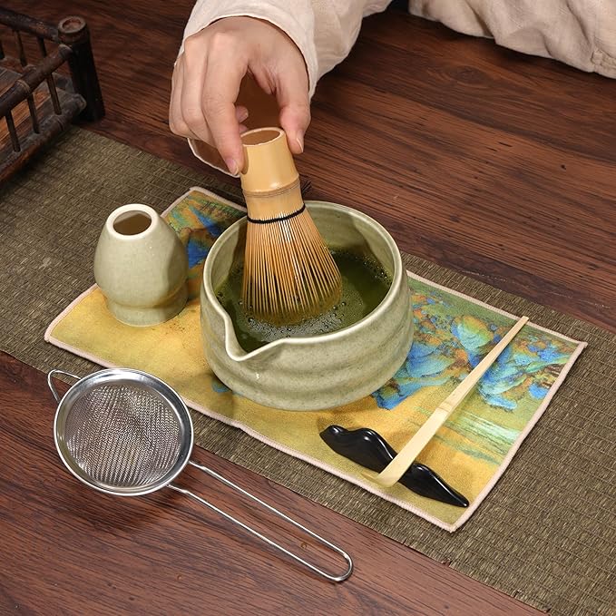 7 Pcs Matcha Whisk Set, Matcha Bowl with Spout, Matcha Whisk and Holder, Bamboo Scoop with Holder, Stainless Sifter and Tea Towel, Japanese Matcha Ceremony Set for Authentic Tea Powder & Home Rituals