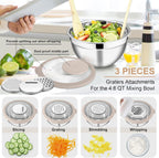 E-far Mixing Bowls with Lids and Graters, Stainless Steel Salad Mixing Bowl with Transparent Lid Set of 3, Metal Nesting Salad Storage for Kitchen Prepping/Serving/Baking, 4.6/2.6/1.5QT - Khaki