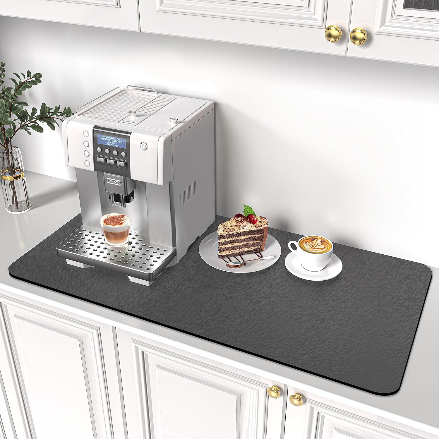 PoYang 31"x17" Coffee Mat X-Large, Coffee Bar Accessories for Countertop, Absorbent Dish Drying Mat, Anti-Slip and Hide Stain Pad for Espresso Machine, Espresso Maker and Kitchen Counter, Gray