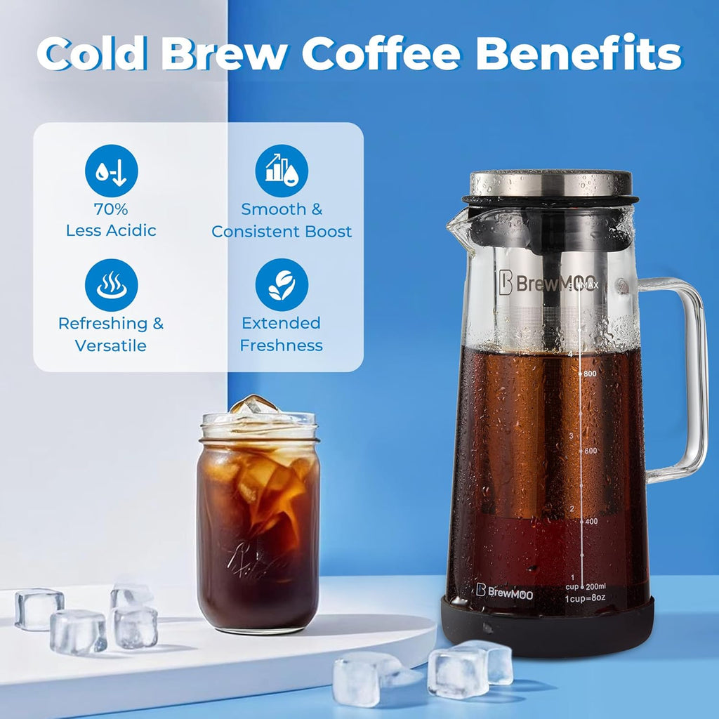 Sleek Cold Brew Coffee Pitcher & Iced Tea Maker - 1.0L/34oz Borosilicate Glass Carafe with Stainless Steel Filter, Sealed Lid & Integrated Handle, Dishwasher Safe (Black)