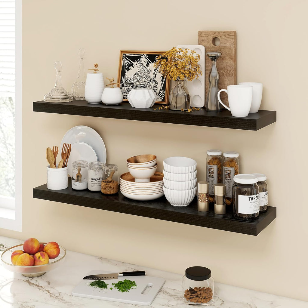 40 Inch Floating Shelves, 9.3" Deep Floating Shelf Wall Mounted, 40" Wall Shelves, Rustic Deep Bookshelf, Large Display Shelves & Storage Shelves for Bedroom, Living Room, Black, Set of 2