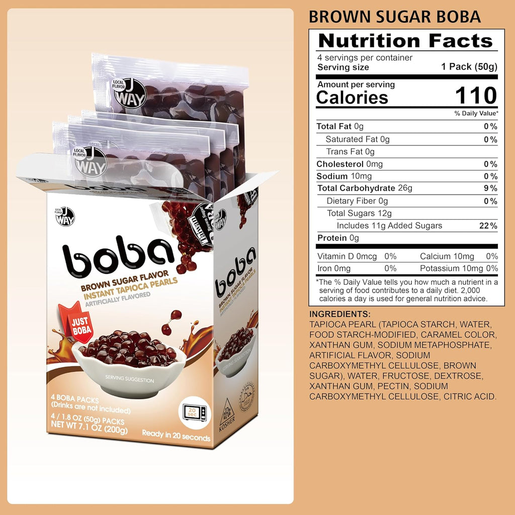 J WAY BOBA Authentic Instant Tapioca Boba Pearls for Milk Tea, Smoothies and Desserts, Brown Sugar Flavor (Ready in Just 20 Seconds) - 4 Servings