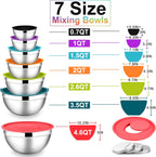 E-far Mixing Bowls with Lids Set, 7-Piece Stainless Steel Mixing Bowls with 3 Grater Attachments, Size 4.6, 3.5, 2.6, 2, 1.5, 1, 0.7QT, Nesting Design & Colorful Airtight Lid, For Baking/Prepping