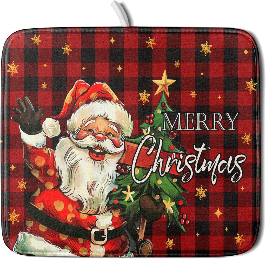 Merry Christmas Santa Claus Red Buffalo Plaid Dish Drying Mat for Kitchen Counter,Winter Snowflake Xmas Tree Drying Mat 16 x 18 Inch with Absorbent Reversible Microfiber Dish Drying Pad for Coffee Bar