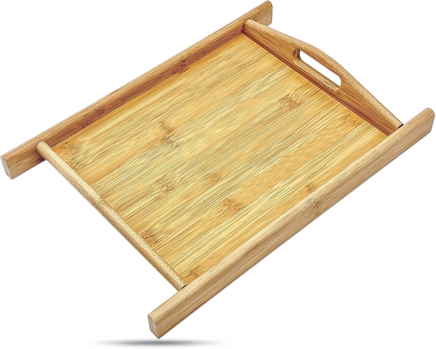 Natural Bamboo Serving Tray w/Handles (Large) - Decorative Platter for Food, Breakfast, Wooden Coffee Table, Ottoman, Couch, Picnic by The Display Guys