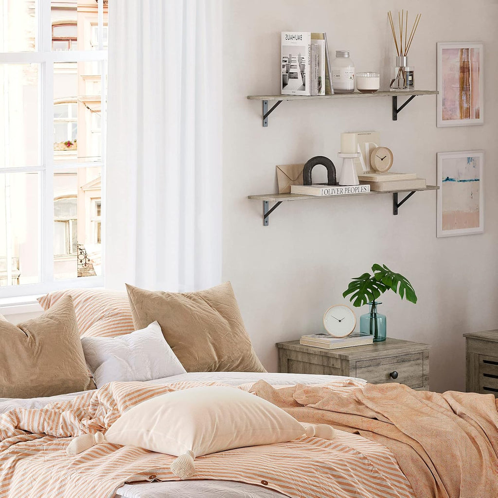 DINZI LVJ Long Shelf, 31.5 Inch Large Wall Mounted Shelves Set of 2, Easy-to-Install, Display Ledges with Sturdy Metal Brackets for Living Room, Bathroom, Bedroom, Kitchen, Laundry Room, Gray Wash