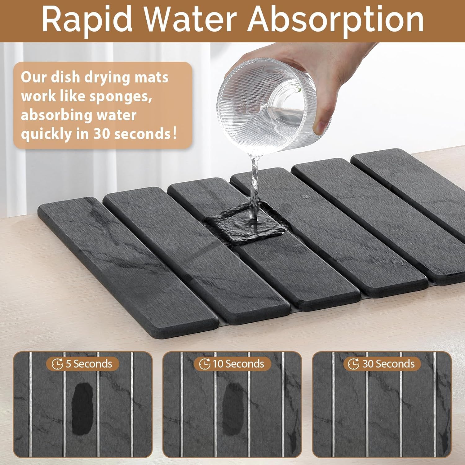 2 PCS Stone Dish Drying Mat for Kitchen Counter,Quick Dry Stone Dishes Mats,Marbled Water Absorbing Diatomaceous Earth Drying Pad for Countertop Bottles Utensils Cups(Dark Gray 16"×12" & 8"x4")