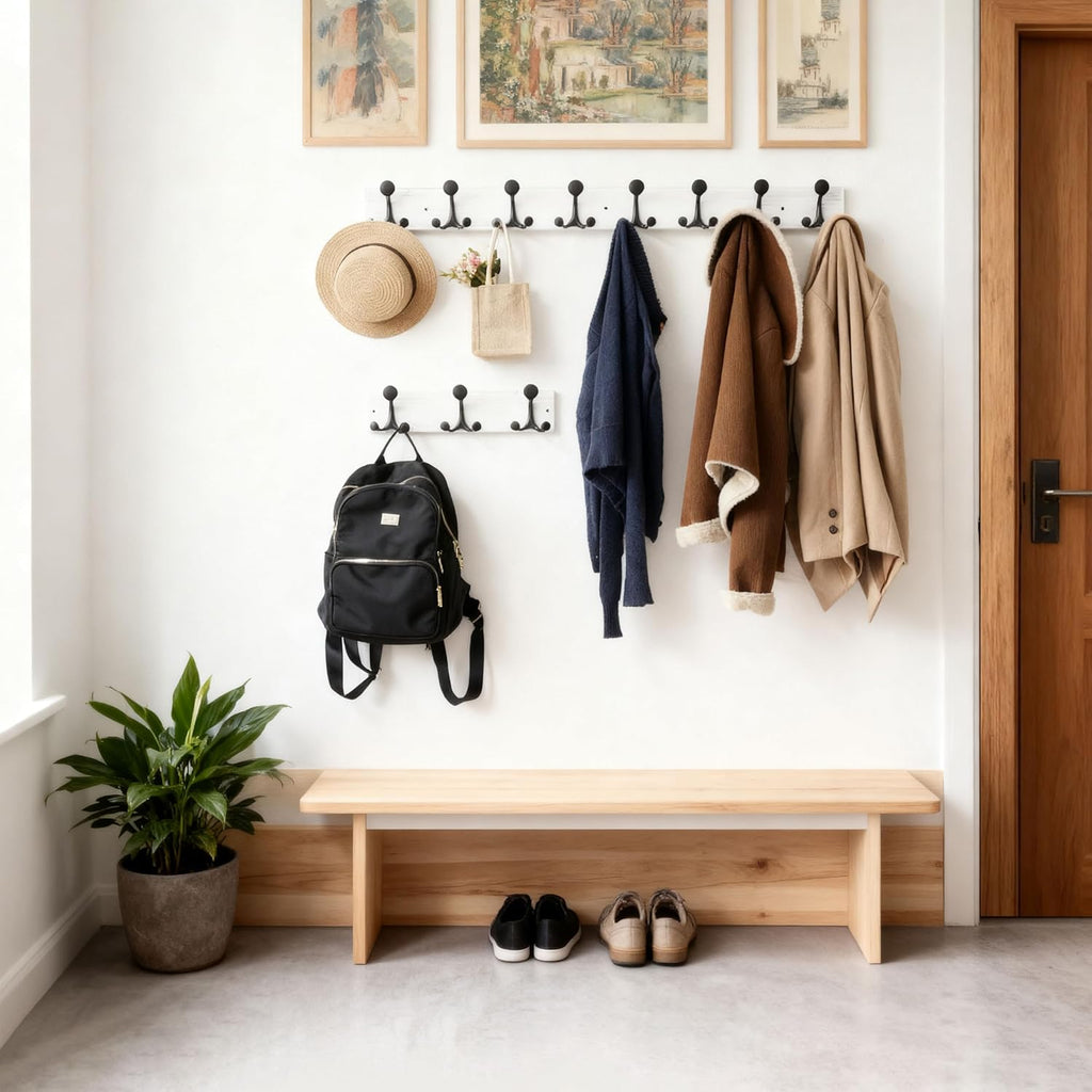 SKOLOO 17-Inch Wood Coat Rack Wall Mount with 3 Triple Hooks - Ideal for Family Entrances, Classrooms, and Pet Supplies Storage - Perfect Coat Hooks for Wall,Distressed White Wash