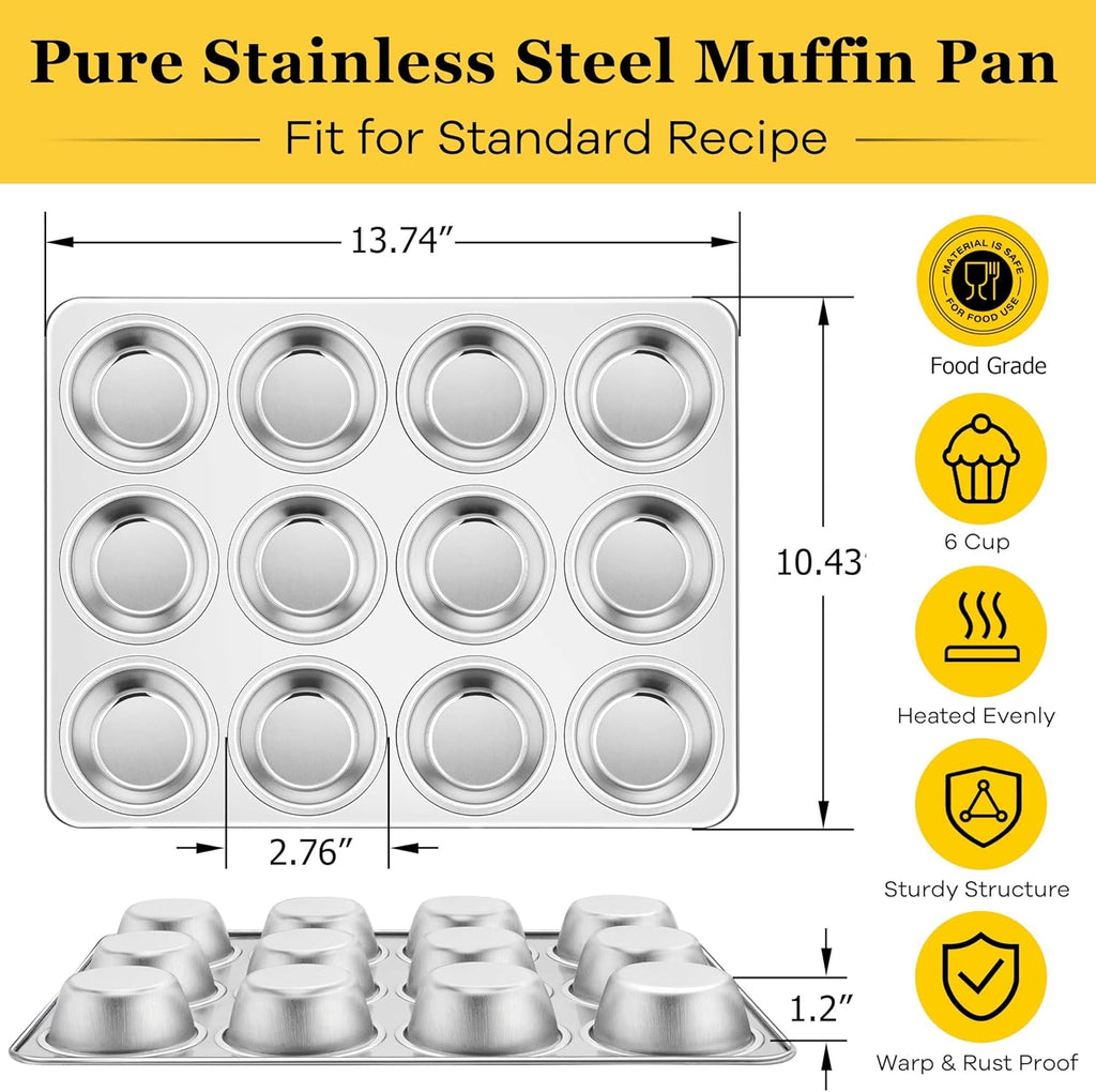 Homikit 1 Pack Muffin Pan, Stainless Steel Cupcake Tin with 12 Cups Regular Size, 13.8" x 10.4" Nonstick Metal Egg Bites Tray for Oven Baking, Non Toxic & Rust Free, Easy Release & Dishwasher Safe