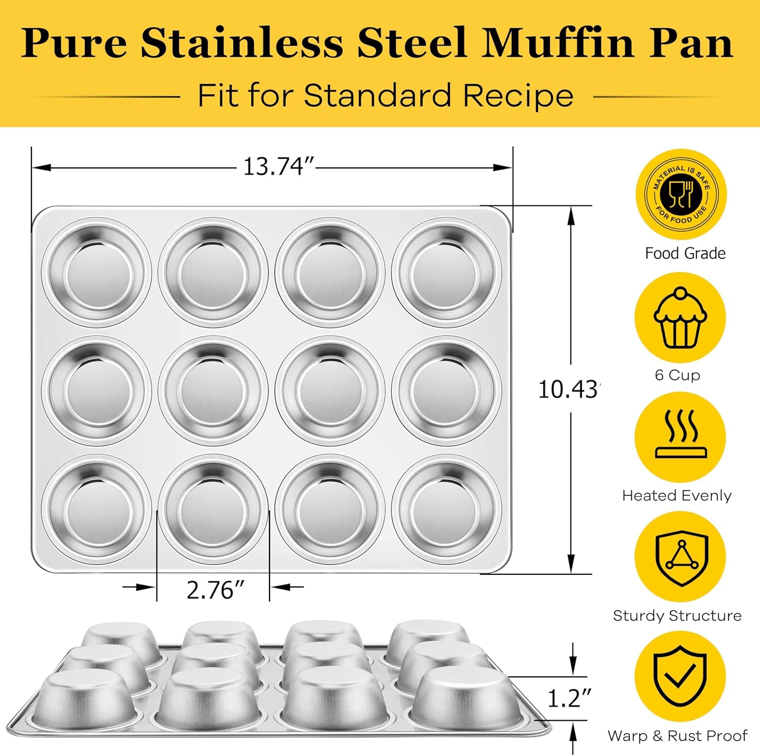 Homikit 1 Pack Muffin Pan, Stainless Steel Cupcake Tin with 12 Cups Regular Size, 13.8" x 10.4" Nonstick Metal Egg Bites Tray for Oven Baking, Non Toxic & Rust Free, Easy Release & Dishwasher Safe