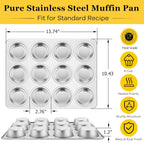 Homikit 2 Pack Muffin Pan, Stainless Steel Cupcake Tin with 12 Cups Regular Size, 13.8" x 10.4" Nonstick Metal Egg Bites Tray for Oven Baking, Non Toxic & Rust Free, Easy Release & Dishwasher Safe