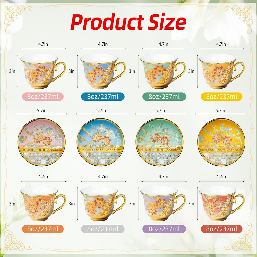 Tea Cups and Saucers Set of 8, 8 OZ Floral Tea Cup with Saucer, Vintage Tea Cups Porcelain Tea Set with Spoon for Latte, Mocha, Afternoon Tea Birthday Party Supply Thanksgiving Day Halloween gifts