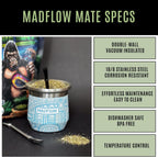 MADFLOW Yerba Mate Cup. Stainless Steel Mate Cup with 2 Bombillas. Double Wall Vacuum Insulated Yerba Mate Gourd. Unique Mate Cup And Bombilla Set