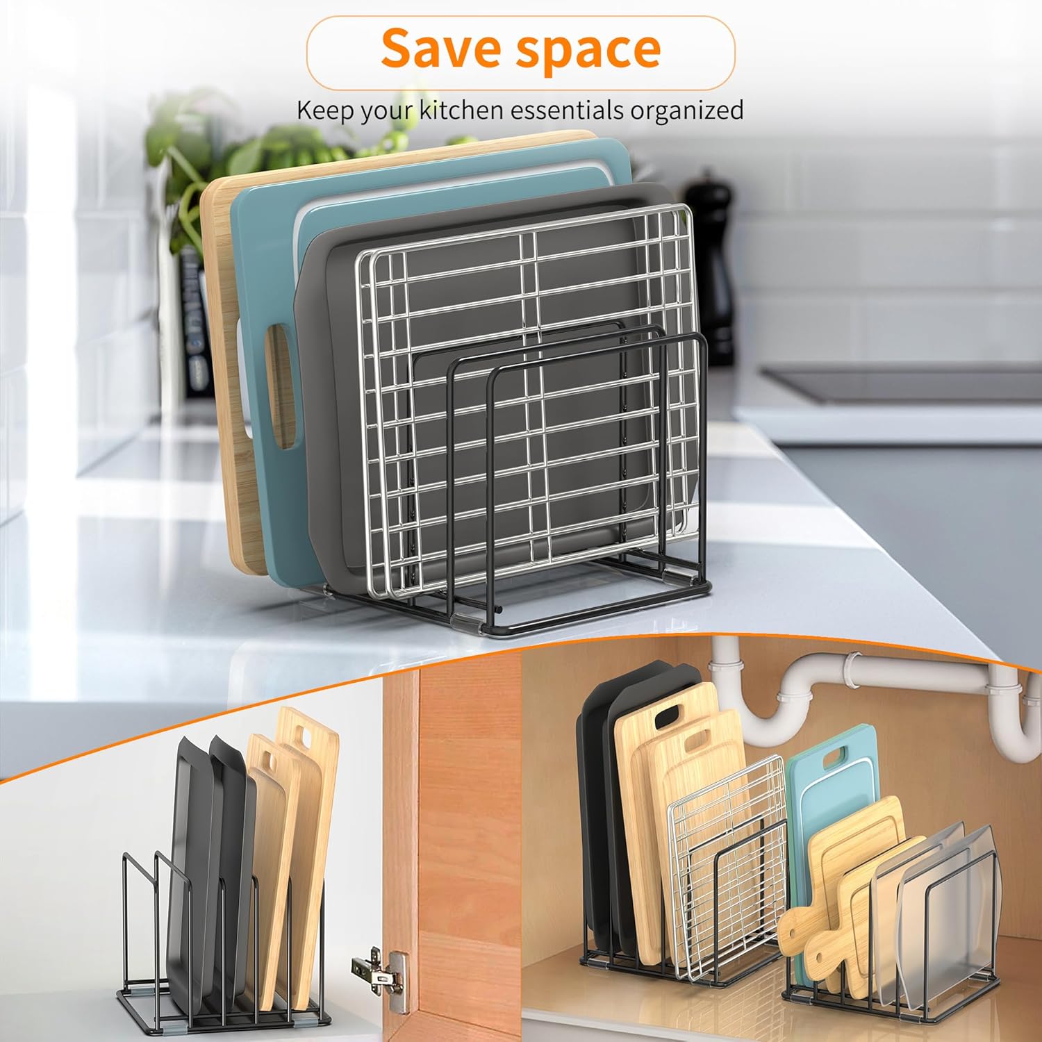 Cutting Board Organizer, Kitchen Cabinet Organizer, Divided Rack with 5 Slots for Baking Trays, Cutting Boards - Cookie sheet Organizer Inside Cabinet, Baking Sheets Holder (large)