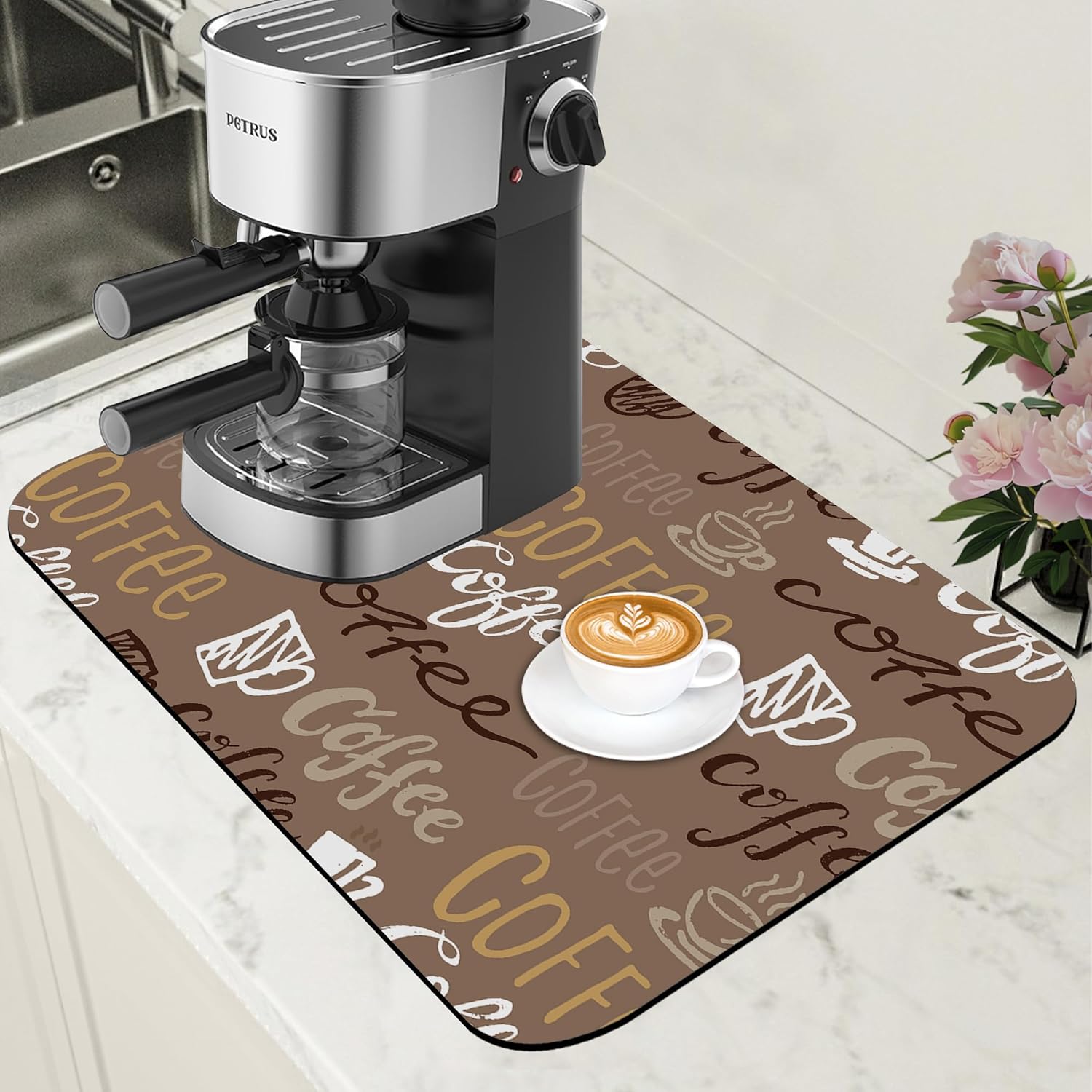 Doodle Coffee Dish Drying Mat Coffee Bar Mat for Countertop Absorbent Rubber Backed Hide Stain Dish Drainer Rack Pad Espresso Machine Cafe Table Dining Room Decoration 11.8 x 19.7 Inch