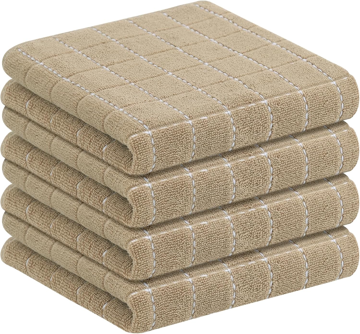 Homaxy 100% Cotton Terry Kitchen Towels(Tan, 13 x 28 inches), Checkered Designed, Soft and Super Absorbent Dish Towels, 4 Pack