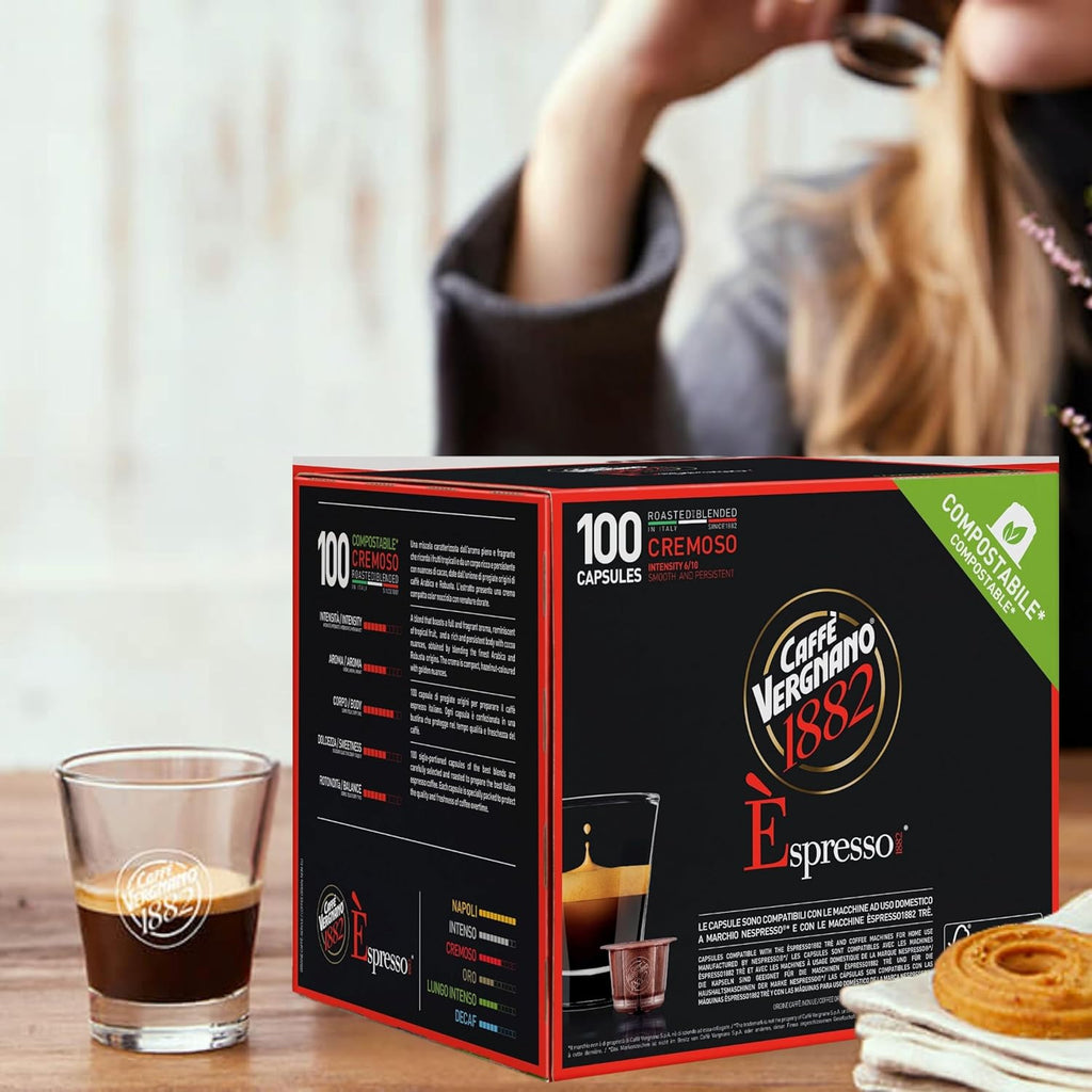Caffe' Vergnano 1882 Medium Roast Espresso Original Line Machine Compatible Capsules, Arabica Robusta Espresso Coffee, Italian Coffee For Nespresso Coffee Machines, Intensity 6/10, Cremoso, 100 Ct