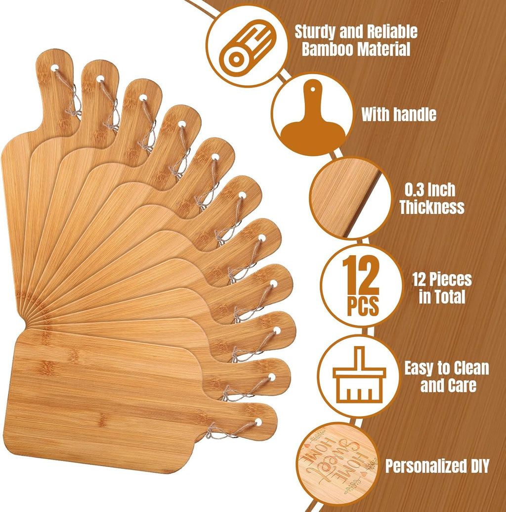 Patelai 12 Packs Wooden Cutting Board Set with Handles Large Kitchen Serving Plain Chopping Board Bulk Gifts for Mom for Vegetables Meat Pizza Cheese Fruit Bread(Bamboo,15 x 7 Inch)