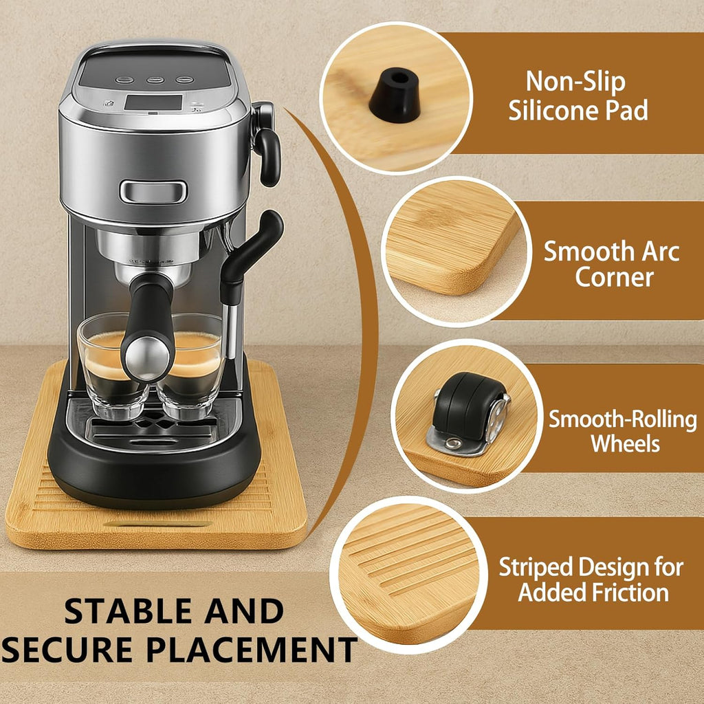 Sliding Tray for Coffee Maker, Appliance Slider Bamboo with Rubber Wheels for Heavy Kitchen Appliances, Coffee Pot Slider Tray for Countertop(14"D x 9.5"W)