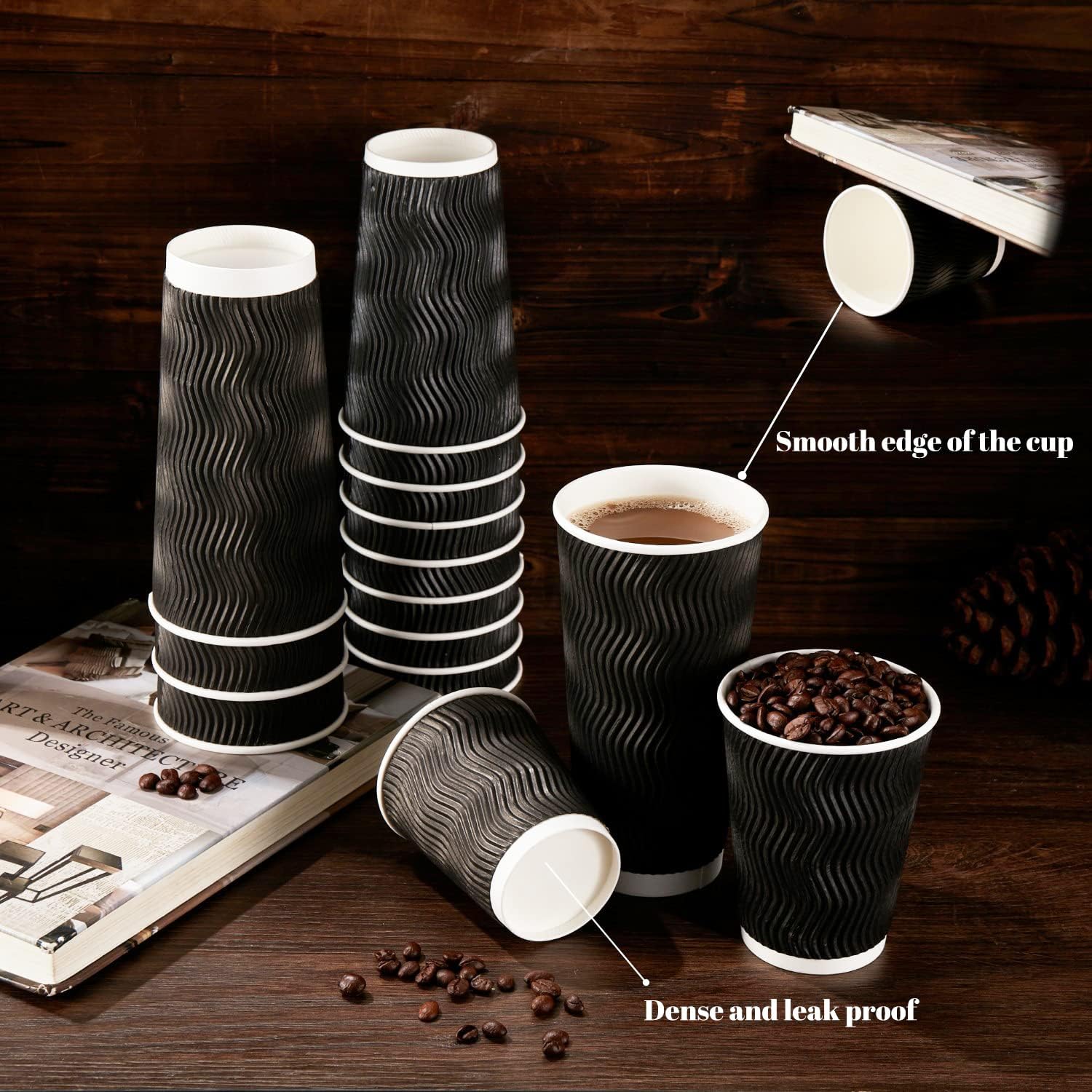 Lamosi 12 oz Disposable Coffee Cups - 120 Pack, Insulated Corrugated Paper Cups 12 oz, Kraft Ripple Wall Cups for Hot Beverage or Cold Drinks Office/Home/Party/Travel/Cafe (Black)