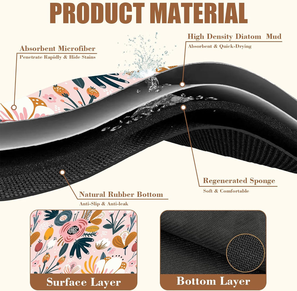 Dish Drying Mat Pink Flowers Berries Leaves Coffee Bar Mat for Countertop Absorbent Hide Stain Rubber Backed Dish Drainer Rack Pad Espresso Machine Dining Room Decor 15.7 x 23.6 Inch