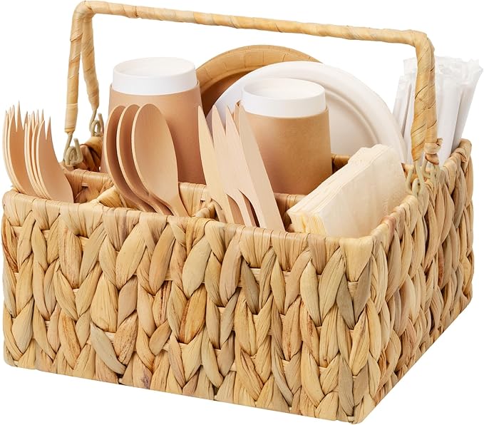 StorageWorks Wicker Silverware Organizer with Handle, Water Hyacinth Kitchen Utensil Holder, Large Utensil Holder for Kitchen Counter, Spoon Forks Cutlery Caddy, Paper Plate Dispenser for Countertop