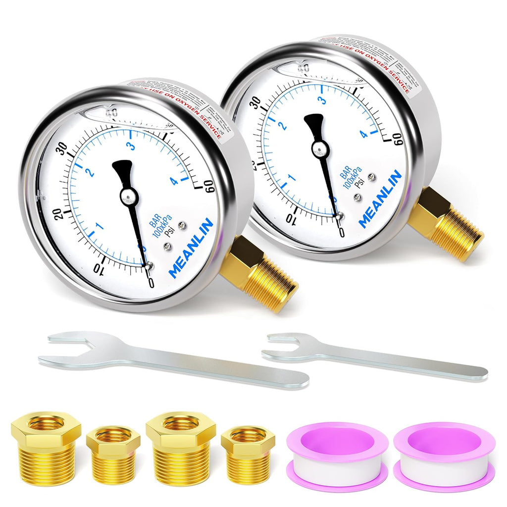 MEANLIN MEASURE 0~60Psi Stainless Steel 1/4" NPT 2.5" FACE DIAL,Liquid Filled Pressure Gauge,Pool Sand Filter Pressure Test Lower Mount(Pack of 2) with 1/4" x 1/2" NPT and 1/4" x 3/8" NPT Hex Bushing