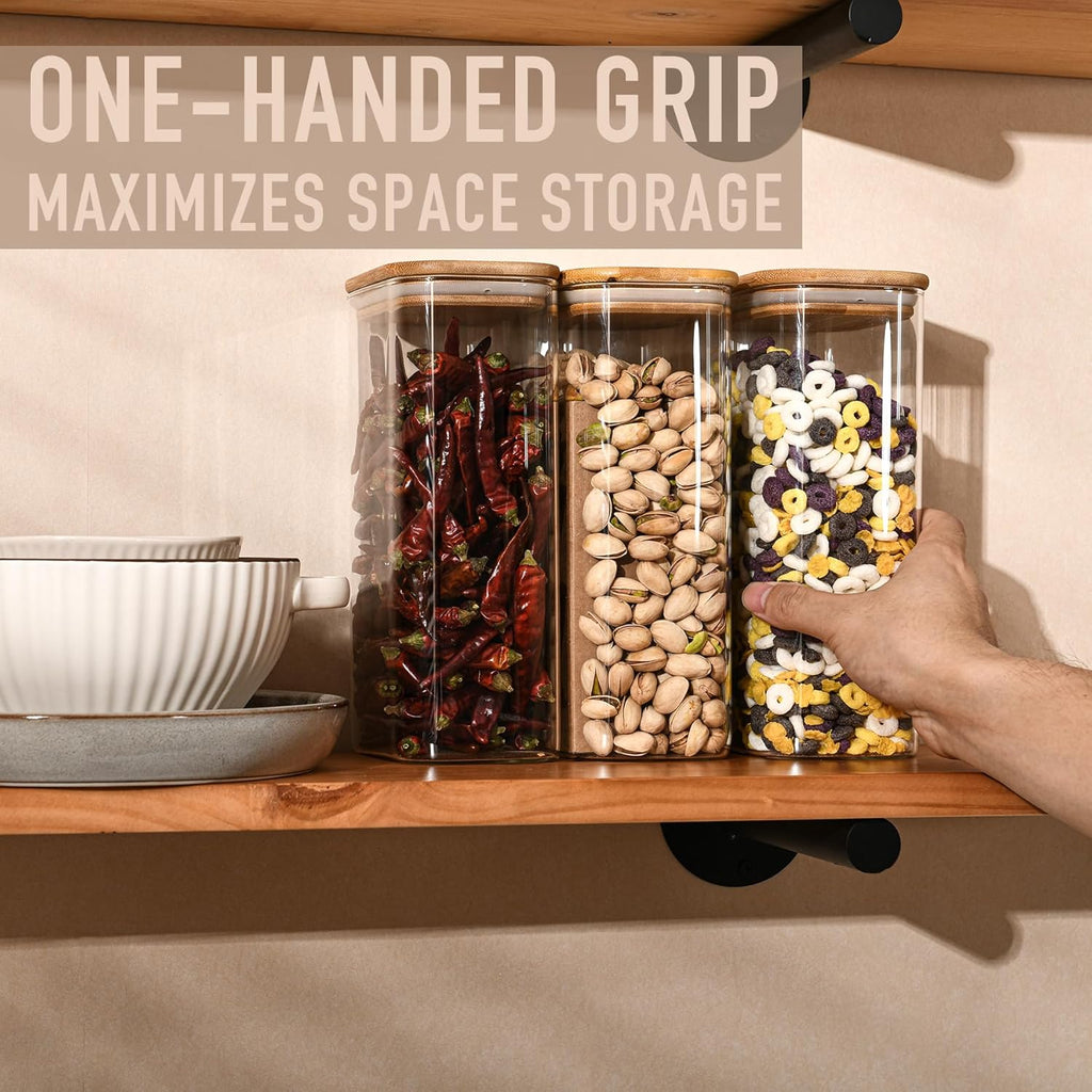 56oz Rectangle Airtight Glass Storage Containers with Bamboo Lids (Set of 4), Square Food Storage Jar, Pantry Organizers for Oats, Cereal, Pasta and Coffee beans (‎with Black Lable)