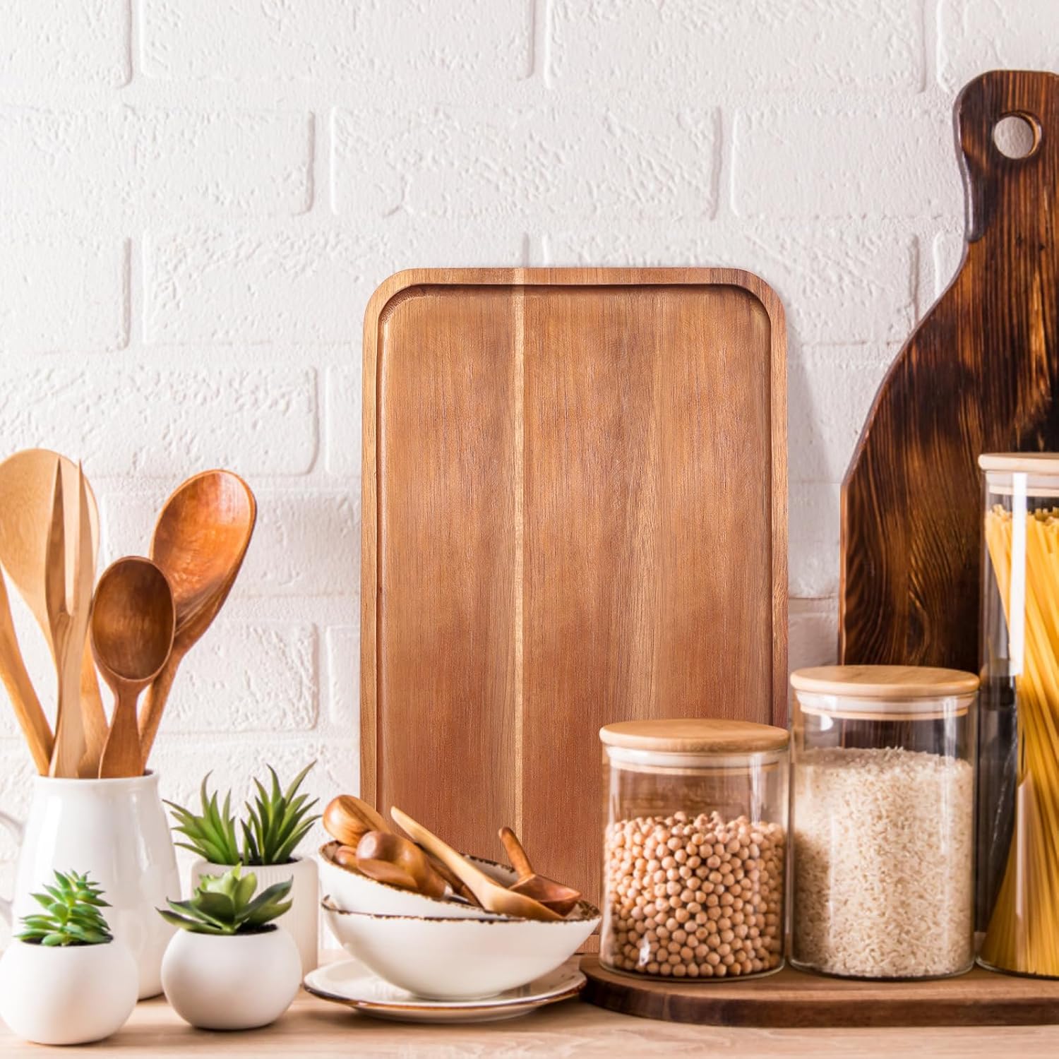 Rectangular Acacia Wood Trays Large Long Charcuterie Boards Party Decorative Serving Tray Platters for Food Dish Rectangle Wooden Cheese Board Kitchen Snack Cookies Platter Appetizer Dessert Tray