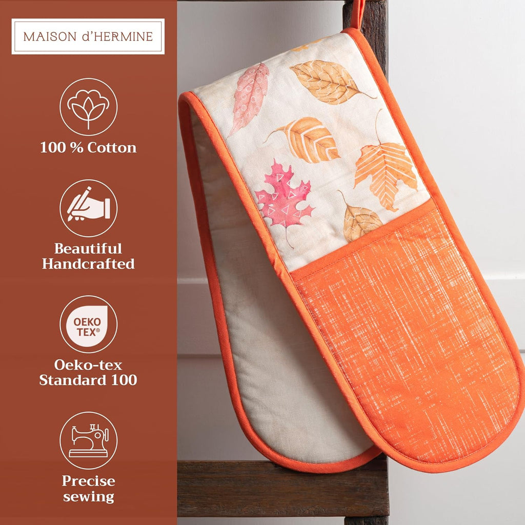 Maison d' Hermine Double Oven Mitts 100% Cotton 7"x35" Double Oven Mitt Heat Resistant BBQ Cooking Gloves with Loop, Baking, Grilling, Home, Kitchen, Handling Hot Pans (Colors of Autumn)