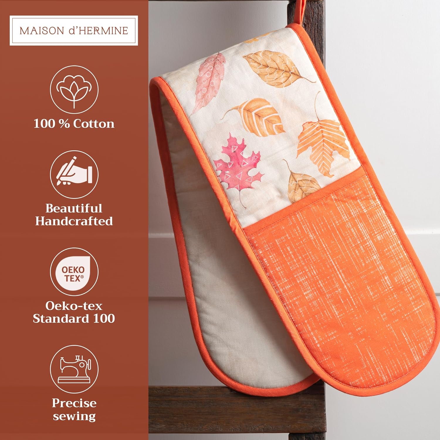 Maison d' Hermine Double Oven Mitts 100% Cotton 7"x35" Double Oven Mitt Heat Resistant BBQ Cooking Gloves with Loop, Baking, Grilling, Home, Kitchen, Handling Hot Pans (Colors of Autumn)