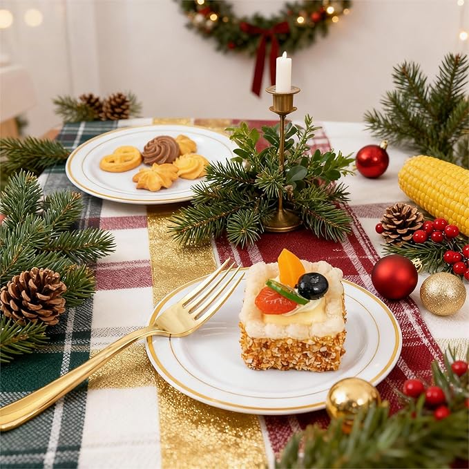 WELLIFE 144Pcs Gold Dessert Plates, 7.5 Inch Plastic Appetizer plates, Heavy Duty plastic Party Plates, White and Gold Plastic plate for Party and Wedding