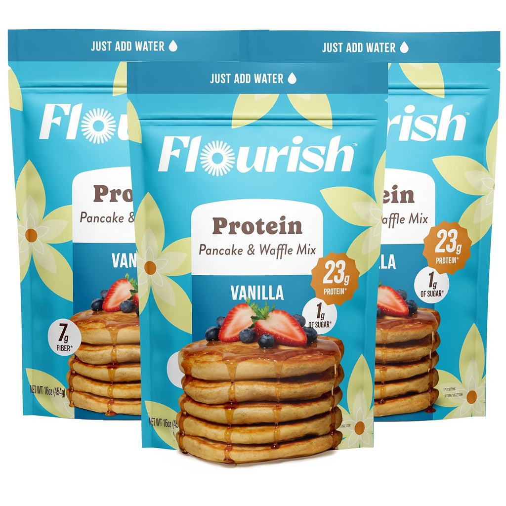Flourish Protein Pancake & Waffle Mix, with Whey Protein & Flax Seed, No Added Sugar, High in Protein & Fiber - Just Add Water - Vanilla Flavour, 430g (3 Pack) - Made in Canada