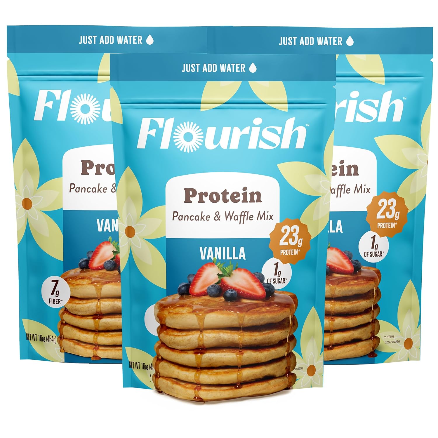 Flourish Protein Pancake & Waffle Mix, with Whey Protein & Flax Seed, No Added Sugar, High in Protein & Fiber - Just Add Water - Vanilla Flavour, 430g (3 Pack) - Made in Canada