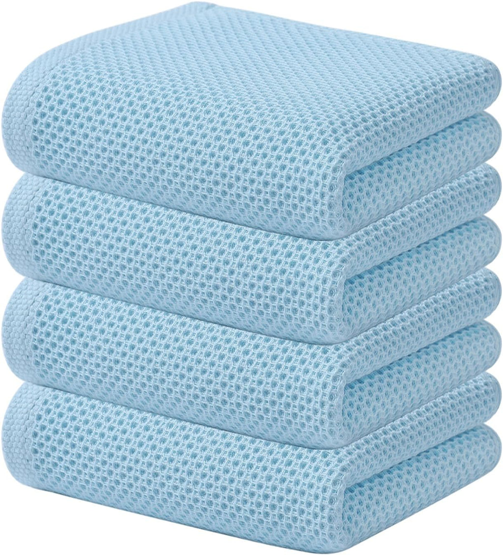 Kitinjoy 100% Cotton Waffle Weave Kitchen Towels (13 X 28 Inches, Sky Blue), 4-Pack Super Soft and Absorbent Dish Towels for Drying Dishes, Kitchen Hand Towels