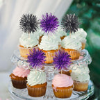 40 PCS Foil Firework Cupcake Toppers Sparkle Tinsel Cupcake Picks Fireworks Birthday Party Decorations Cocktail Fruit Toothpick for Birthday Wedding Graduation Party Decorations Supplies Black Purple