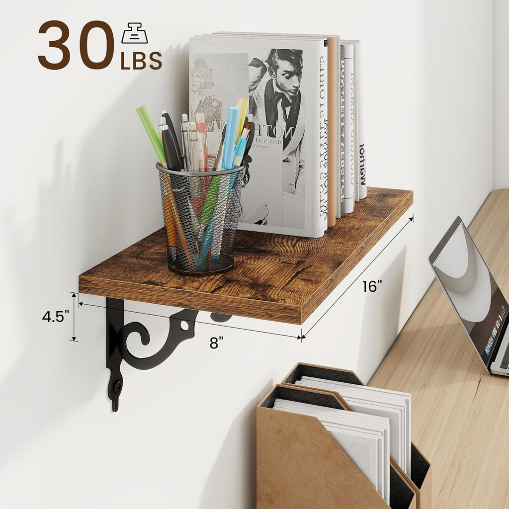 RICHFOCUS Floating Shelves for Wall Decor, 8 Inch Deep Floating Shelves Set of 2, 16W x 8D Shelves Wall Mounted with Metal Brackets, Wood Shelves for Living Room Bedroom Kitchen, Rustic Brown