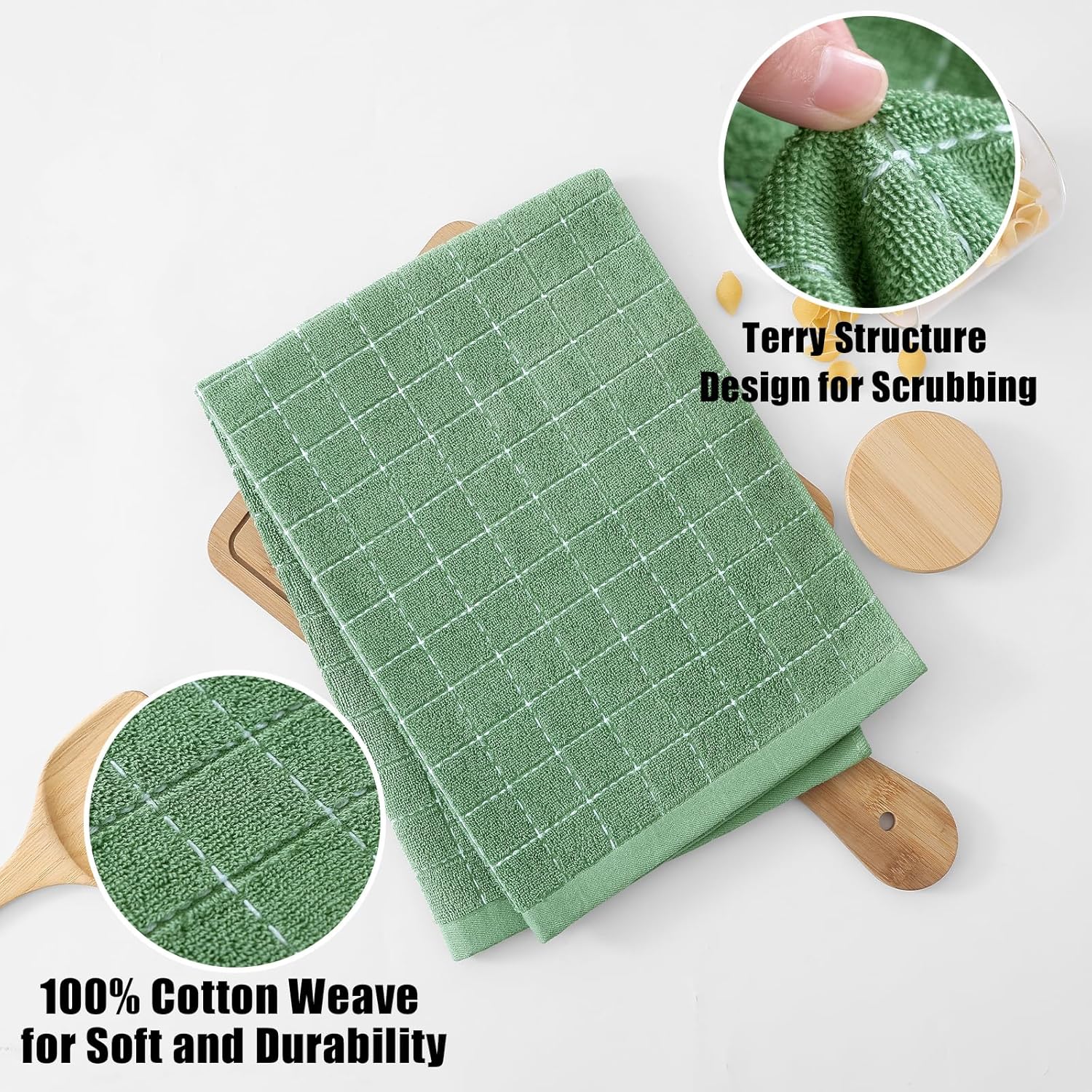 Homaxy 100% Cotton Terry Kitchen Towels(Grass Green, 20 x 28 inches), Checkered Designed, Soft and Super Absorbent Dish Towels, Large 4 Pack