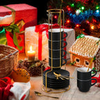 Lareina Porcelain 3-Ounce Espresso Cups Set of 6, Small Stackable Coffee Cups with Saucers, Spoons and Metal Stand - Ceramic Demitasse Mugs, Double Shots Expresso Cup, Matte Black