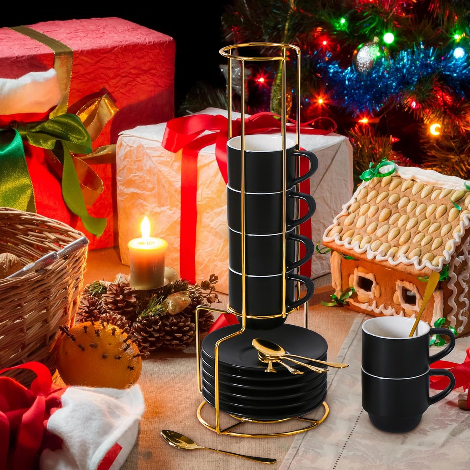 Lareina Porcelain 3-Ounce Espresso Cups Set of 6, Small Stackable Coffee Cups with Saucers, Spoons and Metal Stand - Ceramic Demitasse Mugs, Double Shots Expresso Cup, Matte Black