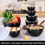Black Mixing Bowls with Lids Set of 7, Stainless Steel Nesting Bowl with Khaki Lid for Non-slip Mixing Prepping Storing Serving, 7 Sizes-7/3.6/2.7/2.1/1.5/1/0.8 QT