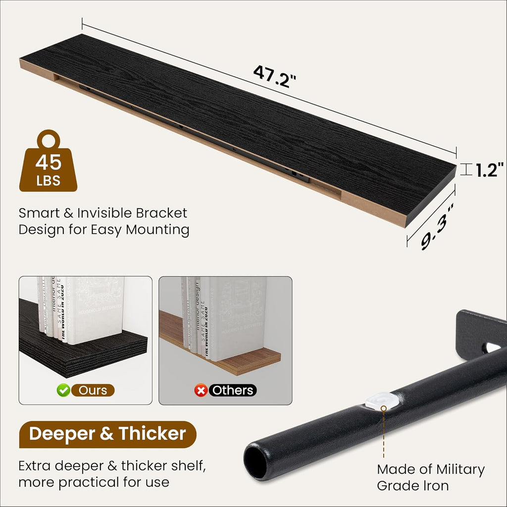 Fun Memories 48 Inch Deep Floating Shelves for Wall, 2 Pack of Long Wall Mounted Wood Shelves with Invisible Brackets for Bathroom, Bedroom, Living Room, Kitchen Decor and Storage, Black